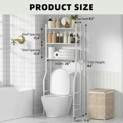 GloTika 3-Tier Over Toilet Storage, Anti-Tilt, 64" H, Black | Anti-Tilt Safety System, 150lb Capacity, Carbon Steel, Freestanding, No Drilling, Anti-Rust Coating, Paper Holder & 4 Hooks