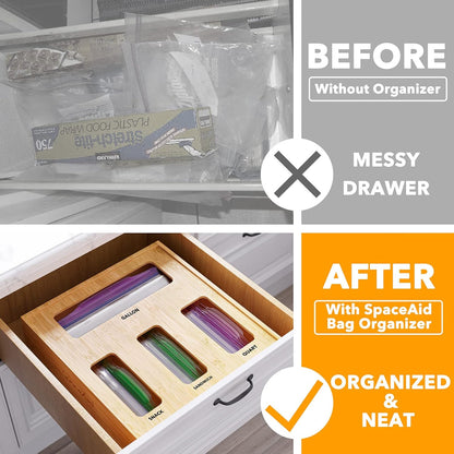 SpaceAid Bag Storage Organizer for Kitchen Drawer, Bamboo Organizer, Compatible with Gallon, Quart, Sandwich and Snack Variety Size Bag (1 Box 4 Slots)