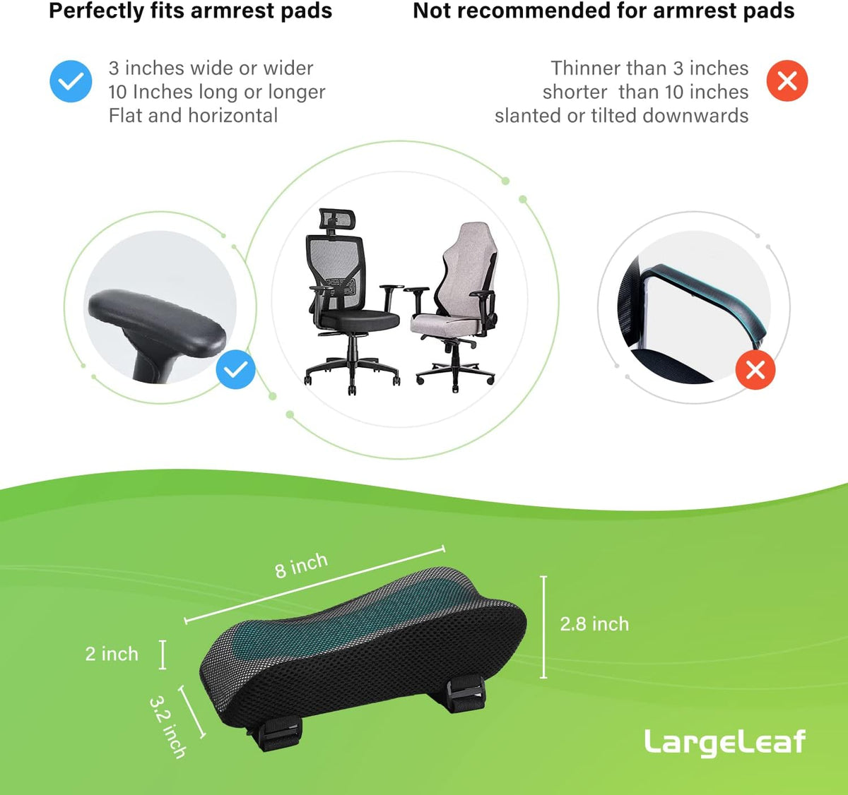 LargeLeaf Chair Armrest Cooling Gel Cushions Elbow Pillow Pressure Relief Office Chair Gaming Chair armrest with Memory Foam armrest Pads 2-Piece Set of Chair