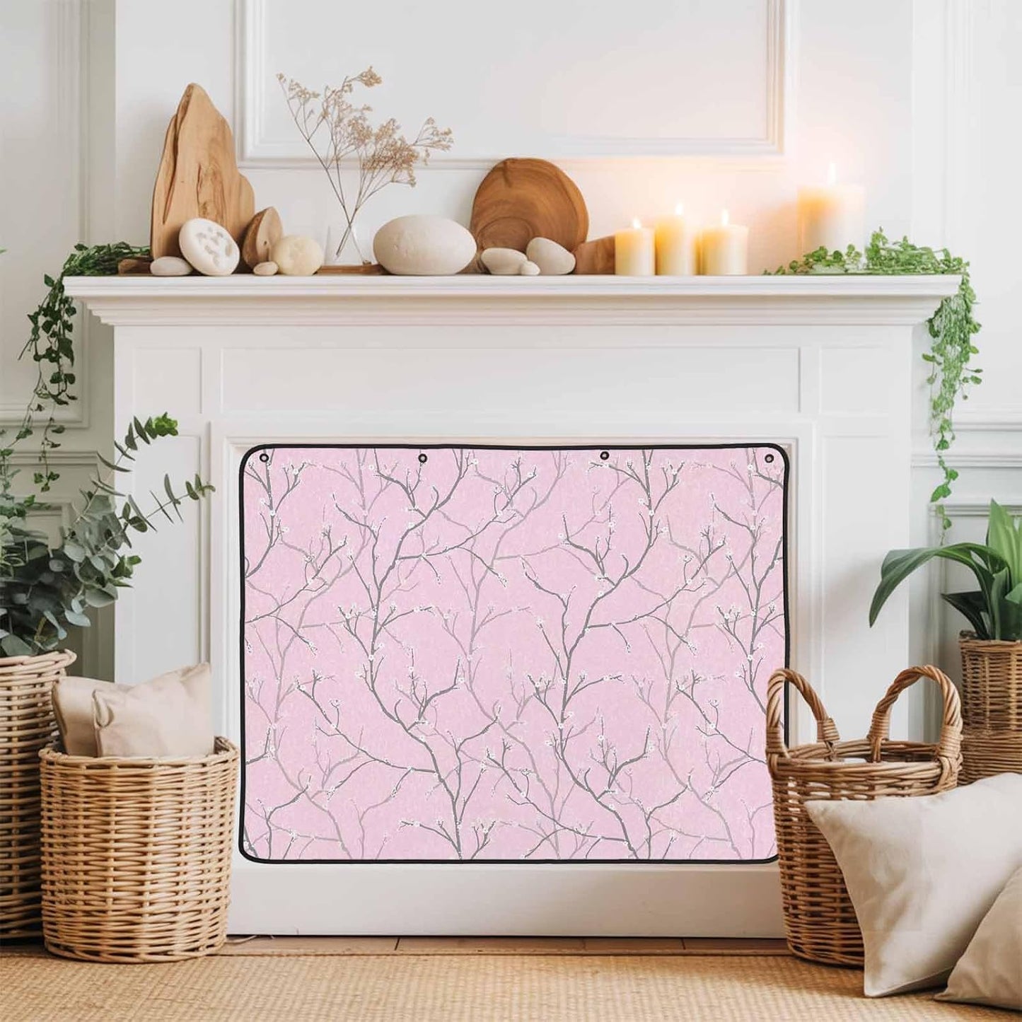 Magnetic Fireplace Cover White Vines Fireplace Screen Decorative Flowers Leaves Tree Branches Insulation Fireplace Blocker Blanket Save Energy Fireplace Draft Stopper Covers for Living Room 39x32 Inch