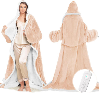 Wearable Heated Blanket with Foot Pocket, Electric Wearable Throw Blanket with Sleeves, Hood, Portable Heated Blanket with 8 Heat Settings, 1-10 Hours Auto Shut-off, Gift for Family, Friends, 50*70"