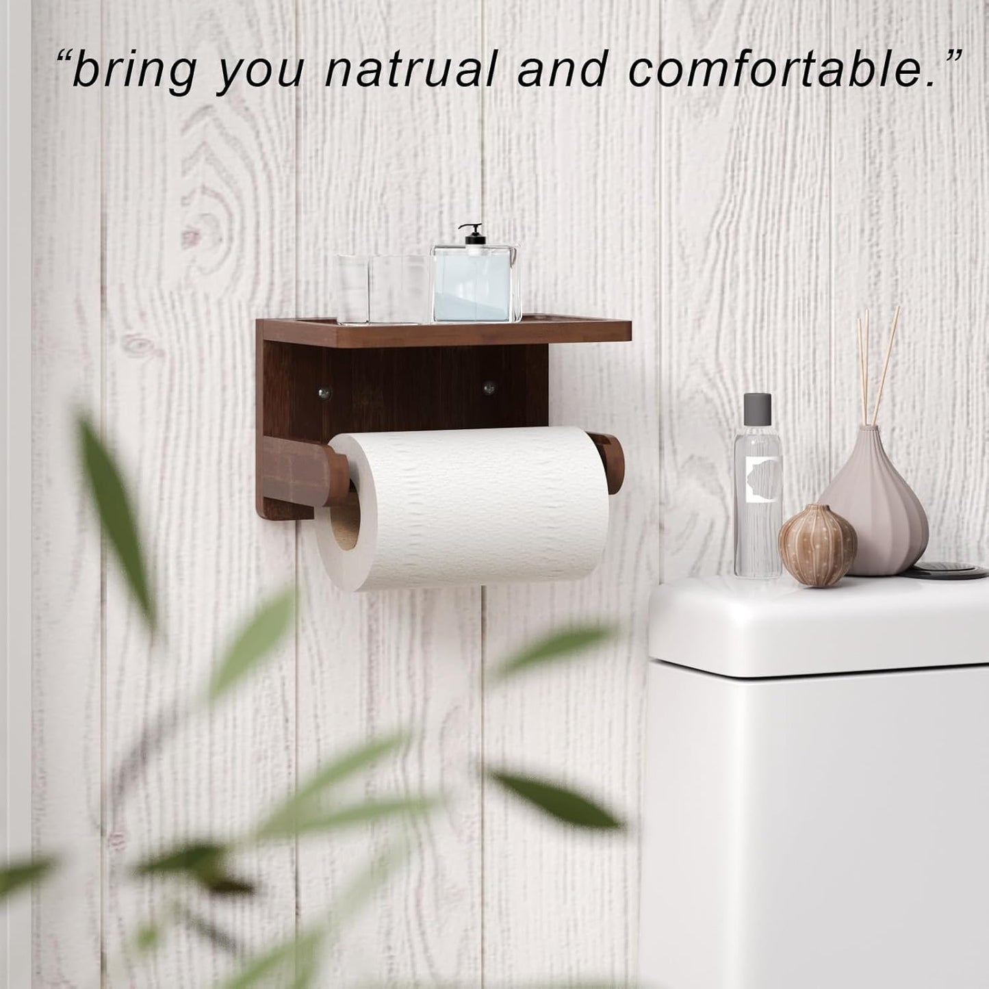VERTORGAN 1 Pack Bamboo Toilet Paper Holder with Phone Shelf(Brown) | Bathroom Tissue Holder,Wall Mounted Rack,Space-Saving Organizer,Phone Shelf Stand,Easy Installation,Toilet Paper Rack