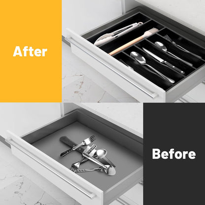 Expandable Bamboo Kitchen Drawer Organizer for Cutlery and Utensils, Adjustable Bamboo Wood Cutlery Tray in Drawer for Flatware and Silverware in Kitchen, (Natural)