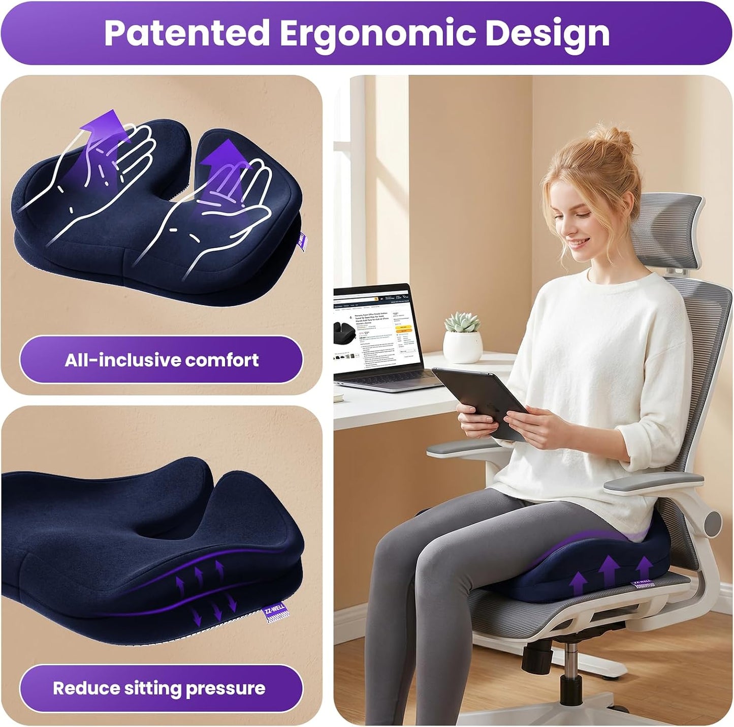 ZZ-WELL Seat Cushions for Office Chairs, Coccyx Cushion for Tailbone Pain, Memory Foam Butt Pillows for Computer Gaming Chair, Patented Pressure Relief Design Chair Cushion (Light Grey, XX-Large)