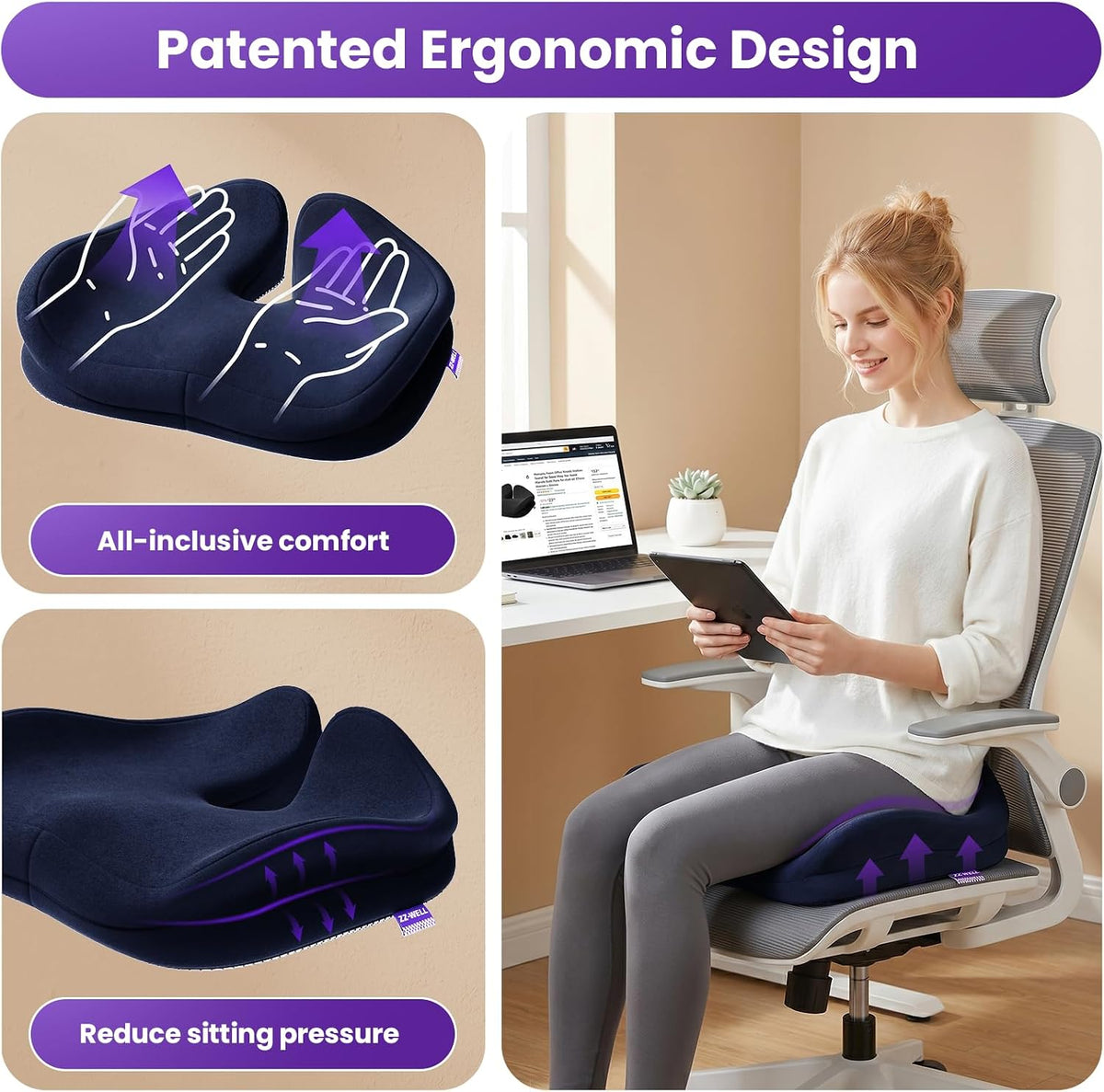 ZZ-WELL Seat Cushions for Office Chairs, Coccyx Cushion for Tailbone Pain, Memory Foam Butt Pillows for Computer Gaming Chair, Patented Pressure Relief Design Chair Cushion (Light Grey, XX-Large)
