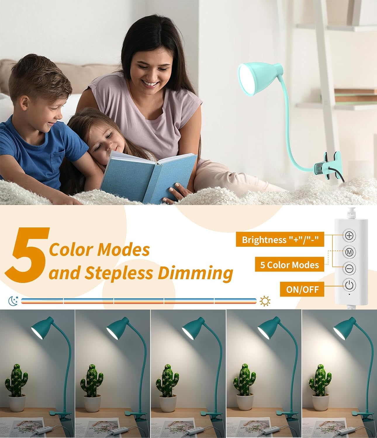 BOHON Desk Lamp 5 Color Modes 10 Brightness Dimmer Reading Light Black | 10W 38 LED Clamp Lamp with Auto Off Timer 360° Flexible Neck Clip on Light for Bed Bedside, AC Adapter Include