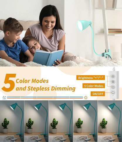 BOHON Desk Lamp 5 Color Modes 10 Brightness Dimmer Reading Light Black | 10W 38 LED Clamp Lamp with Auto Off Timer 360° Flexible Neck Clip on Light for Bed Bedside, AC Adapter Include