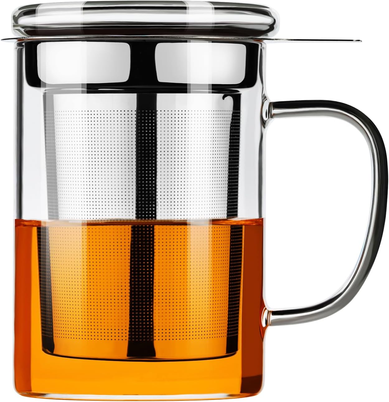 PARACITY Tea Mug with Infuser and Lid, 15 oz Clear Borosilicate Tea Cup | 304 stainless steel strainer handles loose leaf or bagged blends; clear body works with hot or iced drinks and rinses easily