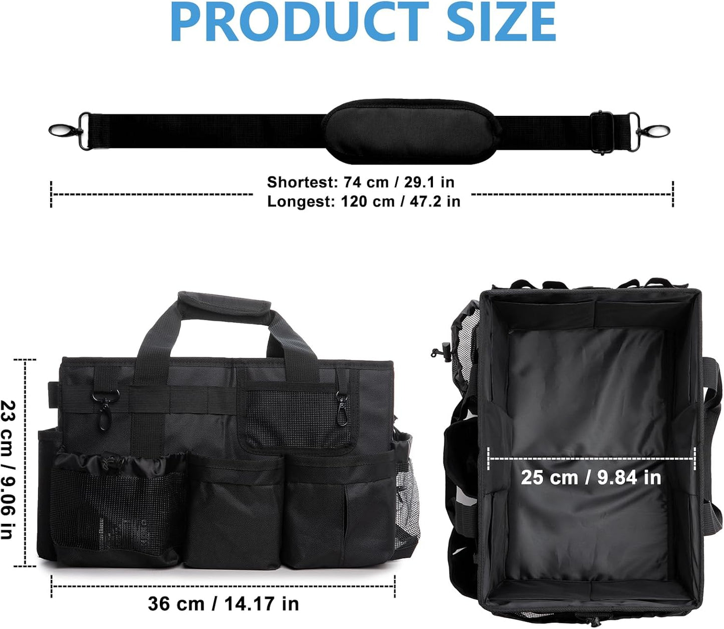 Large Wearable Cleaning Caddy Bags, Cleaning Supplies Organizer with Adjustable Shoulder Straps & Divider, 14 inch Black Tool Bag for Housekeepers & Cleaners
