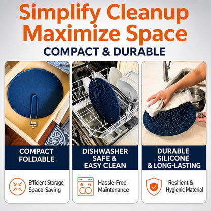 Silicone Splatter Screen for Frying Pan, 13” Navy – Grease & Oil Splatter Guard, Heat Resistant, Dishwasher Safe, Foldable Handle with Sleeves – Splash Guard Fits 10–12” Pans, Most 13” Skillets
