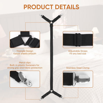 Bed Sheet Holder Straps, 2Pcs Elastic Adjustable Bed Sheet Grippers | Fitted Sheet Holder Keep Sheets in Place, Enhance Sleep Experience, Black