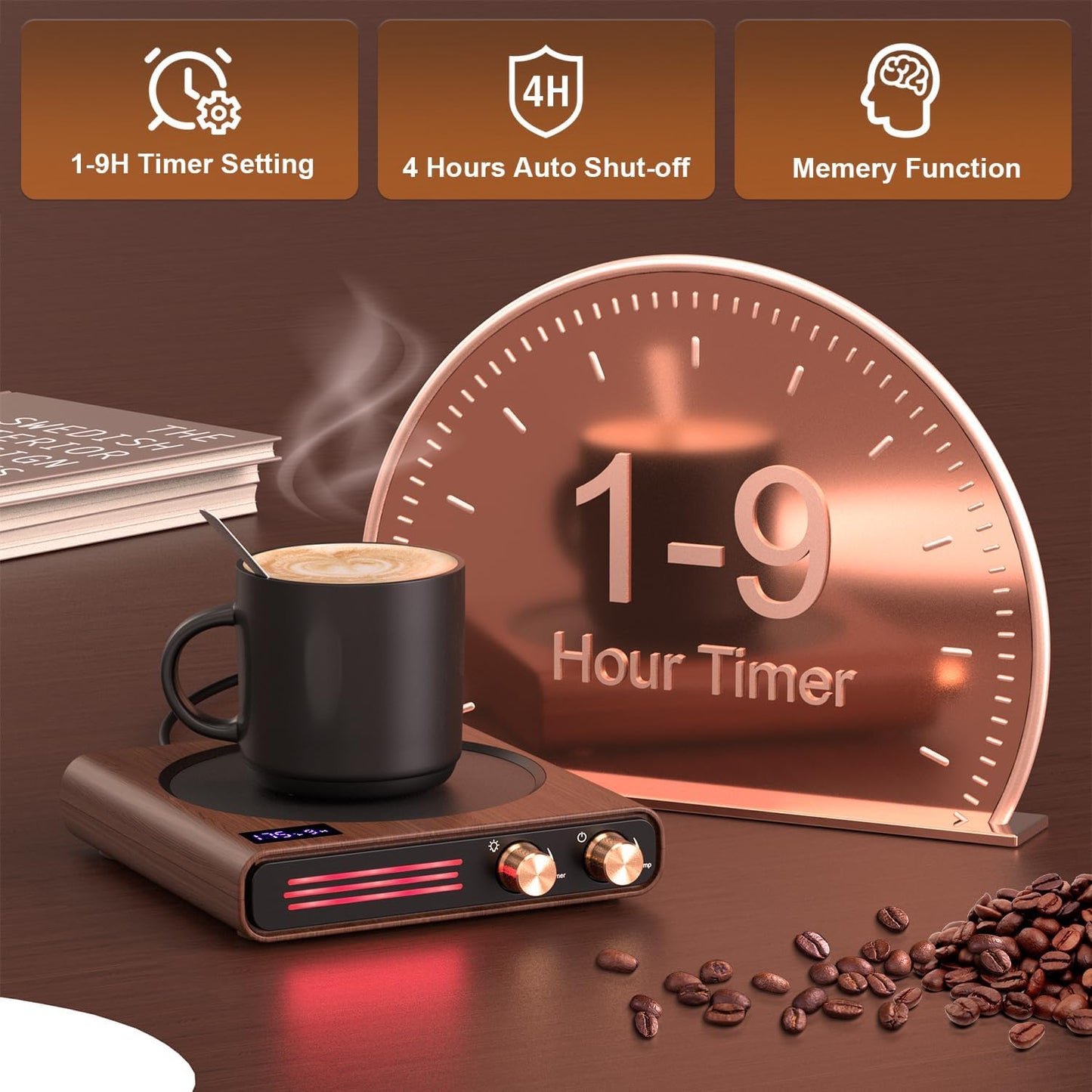 CEROBEAR 50W Retro Coffee Mug Warmer with 9 Temp Settings and LED Lights | 1-9Hrs Auto Shut Off Smart Candle Warmer, Large Heating Plate Beverage Warmer for Coffee, Tea, Milk, Ideal Coffee Gifts