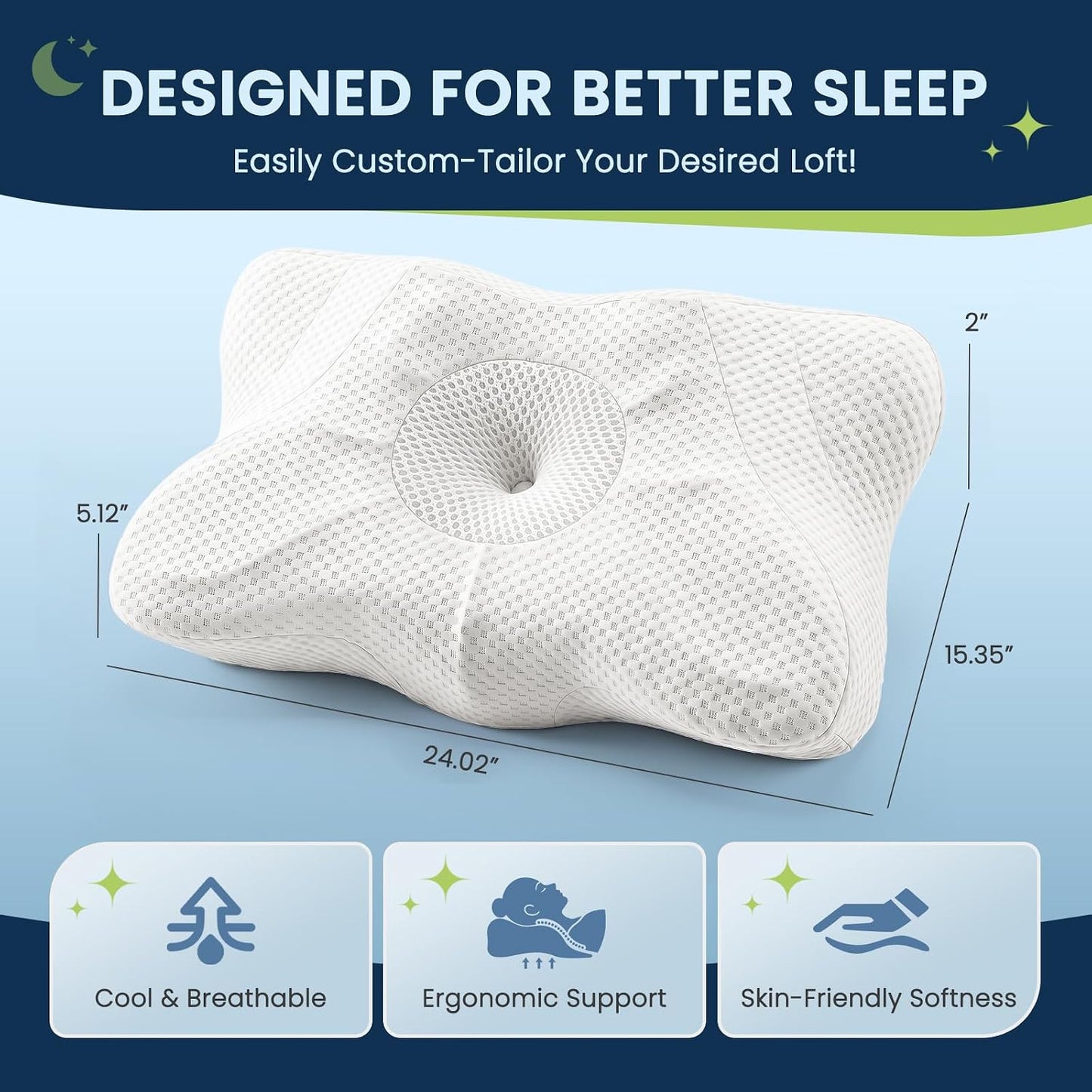 Sweetcrispy Cervical Pillow for Neck and Shoulder - Ergonomic Memory Foam Pillows, Contour Side Sleeper for Adults, Cooling Orthopedic Neck Support for Back Stomach Sleepers, White