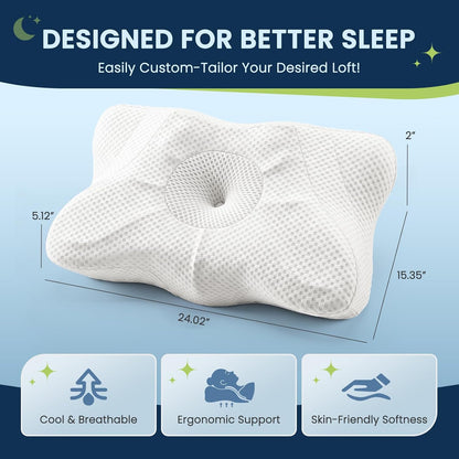 Sweetcrispy Cervical Pillow for Neck and Shoulder - Ergonomic Memory Foam Pillows, Contour Side Sleeper for Adults, Cooling Orthopedic Neck Support for Back Stomach Sleepers, White