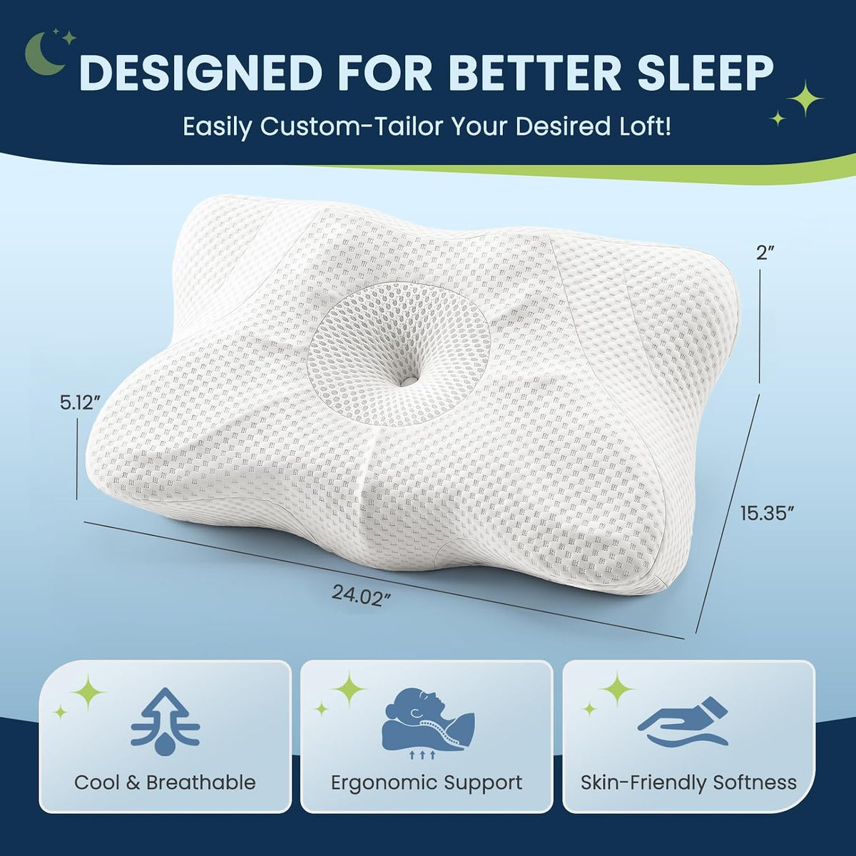 Sweetcrispy Cervical Pillow for Neck and Shoulder - Ergonomic Memory Foam Pillows, Contour Side Sleeper for Adults, Cooling Orthopedic Neck Support for Back Stomach Sleepers, White
