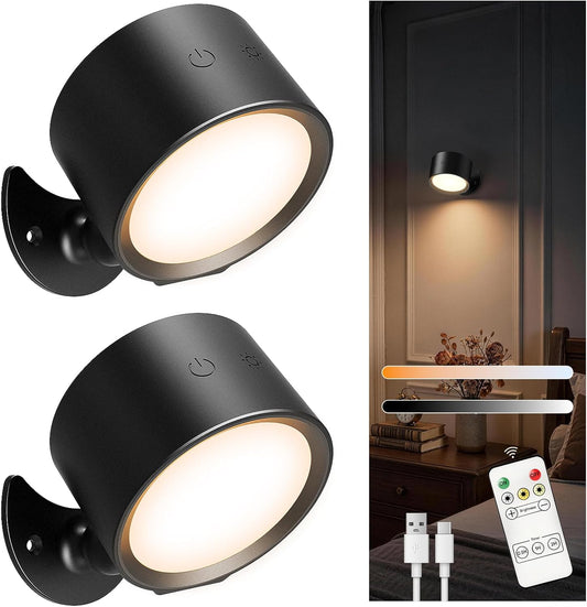 LED Wall Sconces, 160H Battery Life, Rechargeable Cordless Mounted Lights, 3 Color & 4 Brightness Level & 360°Rotate Magnetic Ball & Touch or Remote, for Reading Bedroom (Wood)