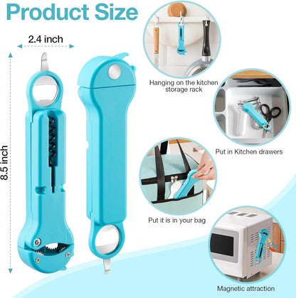 Jar Opener for Seniors with Arthritis, 7 in 1 Bottle Opener and Wine Corkscrew, Easy Grip Kitchen Gadget for Weak Hands Elderly, Retractable Jaw Lid Opener with Magnetic Storage (Teal)