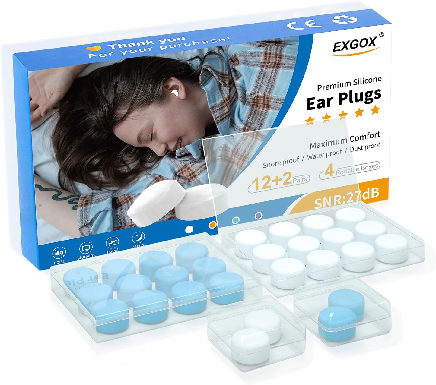 EXGOX 7 Pairs Silicone Ear Plugs for Sleeping Noise Cancelling Reusable Moldable Wax Earplugs for Swimming, Work, Airplane, SNR27dB(Dark Blue)