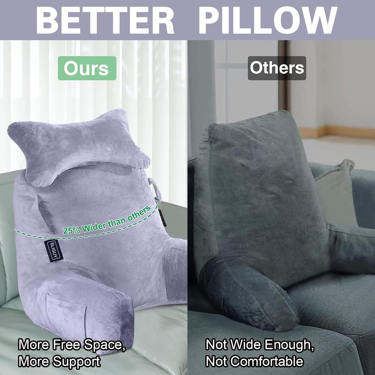 SLIGUY Reading Pillow-Bed Rest Pillow with Detachable Neck Roll & Support Arm for Sitting in Bed Couch or Floor-Backrest Reading Pillow Adult Back Pillow for Reading/Watching TV/Gaming,Dark Grey