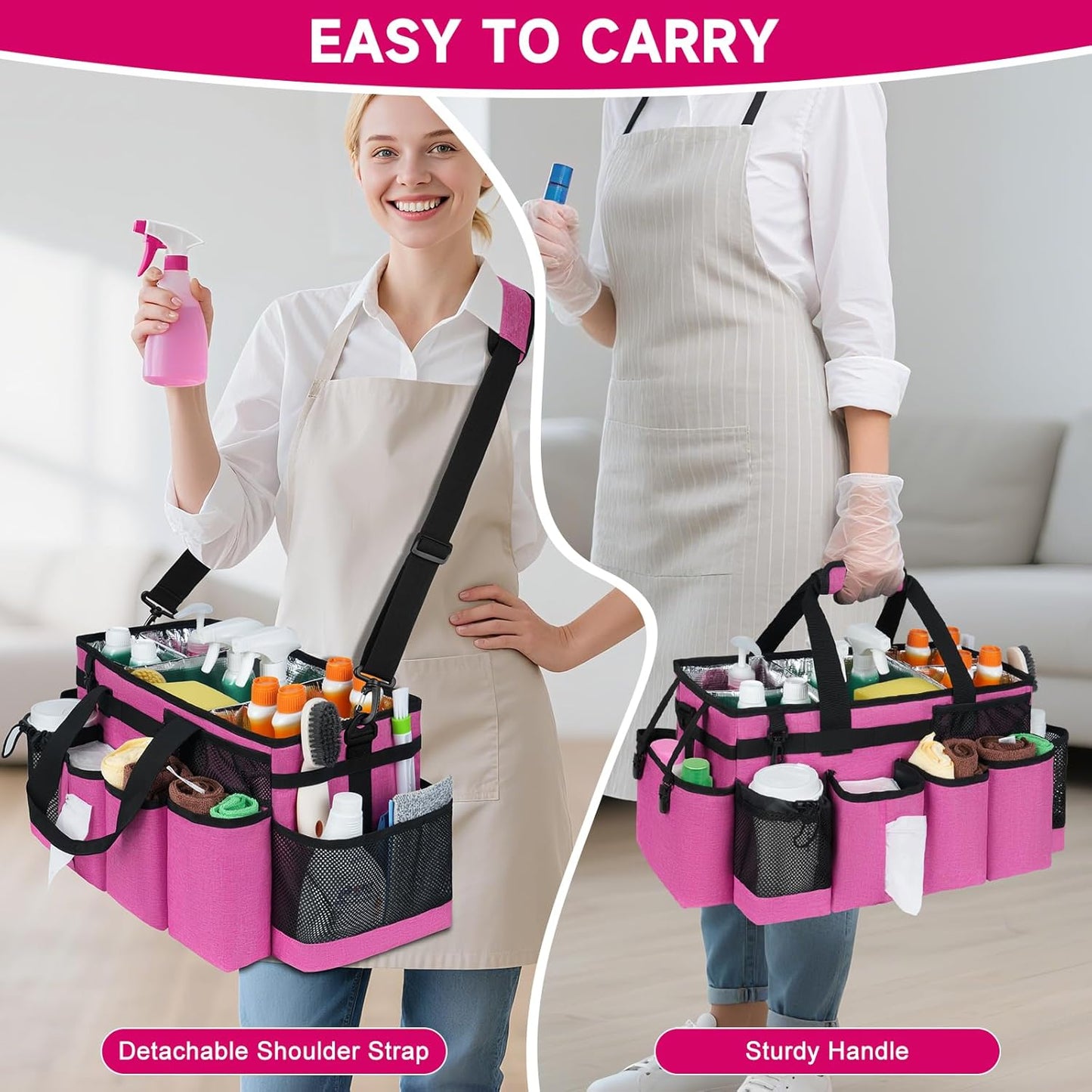 Cleaning Caddy Bag, Extra Large Cleaning Supply Bag for Housekeepers,Black | Sturdy Cleaning Caddy Organizer for Cleaning Supplies with Handle and Adjustable Shouder Strap, Easy to Clean Design