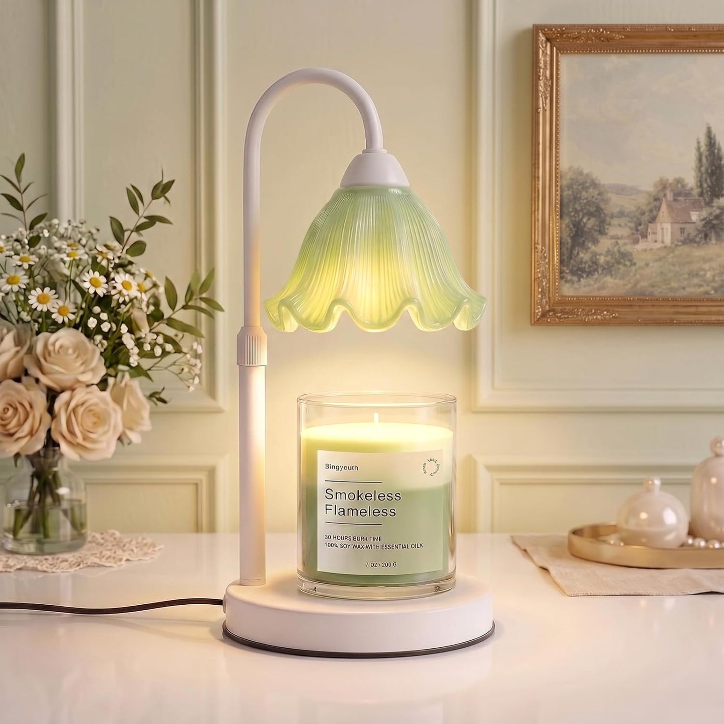 Candle Warmer Lamp with Timer, Modern Farmhouse Candle Warmer for jar Candles, Electric Wax Warmer, Includes 2 Bulbs, Housewarming, Birthday Gift for Women, Mom - White Pleated