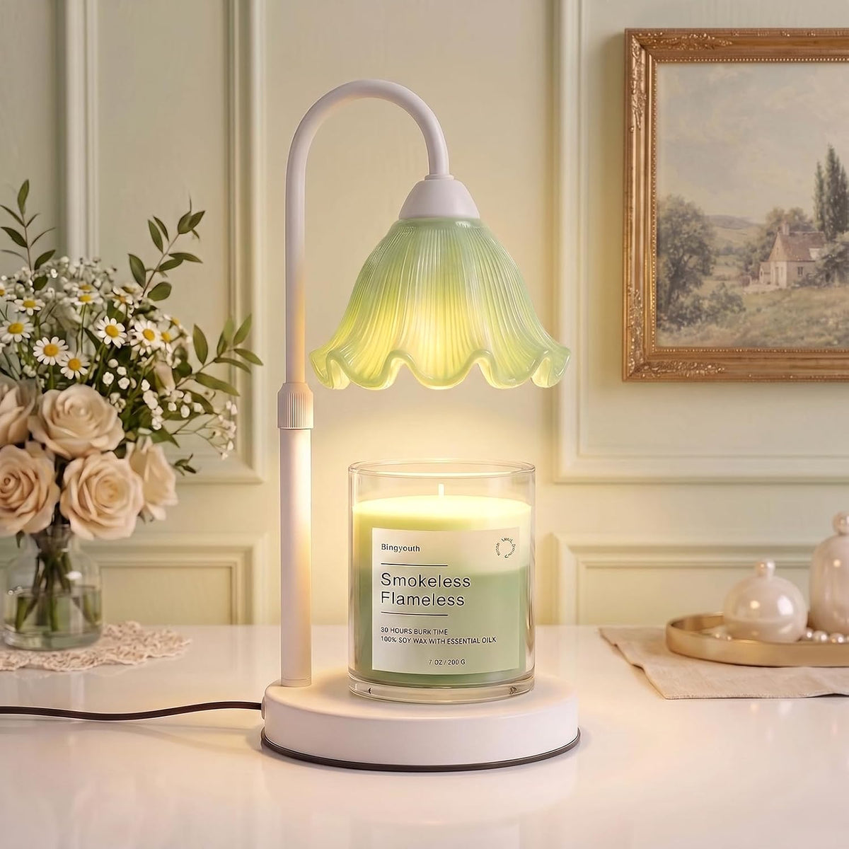 Candle Warmer Lamp with Timer, Modern Candle Warmer for Jar Candles, Electric Wax Warmer, Includes 2 Bulbs, Housewarming, Birthday Gift for Women, Mom - White Pleated