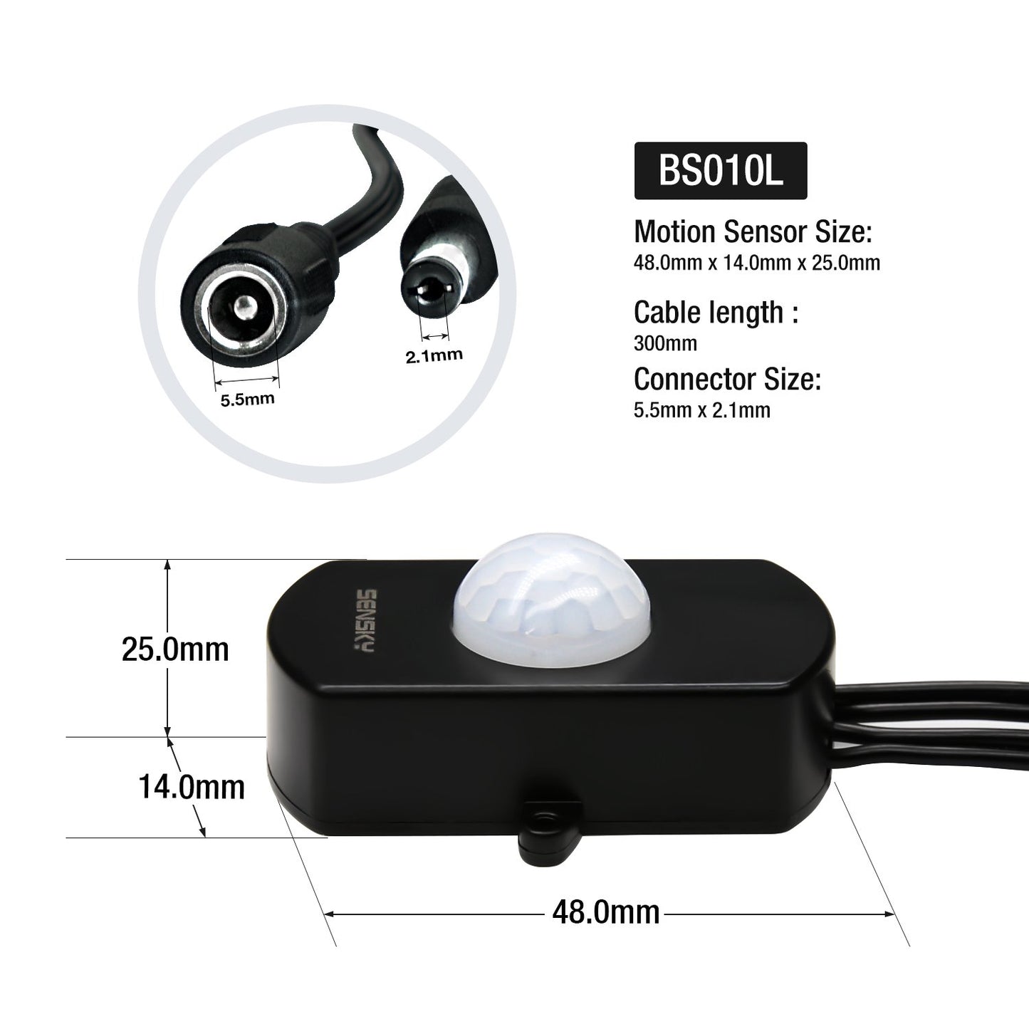 SENSKY BS010L DC 12V to 30V 3A Mini Pir Motion Sensor Switch,Occupancy Sensor Switch for Gun Safe, Kitchen Cabinet, Pantry, Closet led lighting (Black-With Light Sensor)