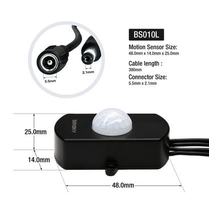 SENSKY BS010L DC 12V to 30V 3A Mini Pir Motion Sensor Switch,Occupancy Sensor Switch for Gun Safe, Kitchen Cabinet, Pantry, Closet led lighting (Black-With Light Sensor)