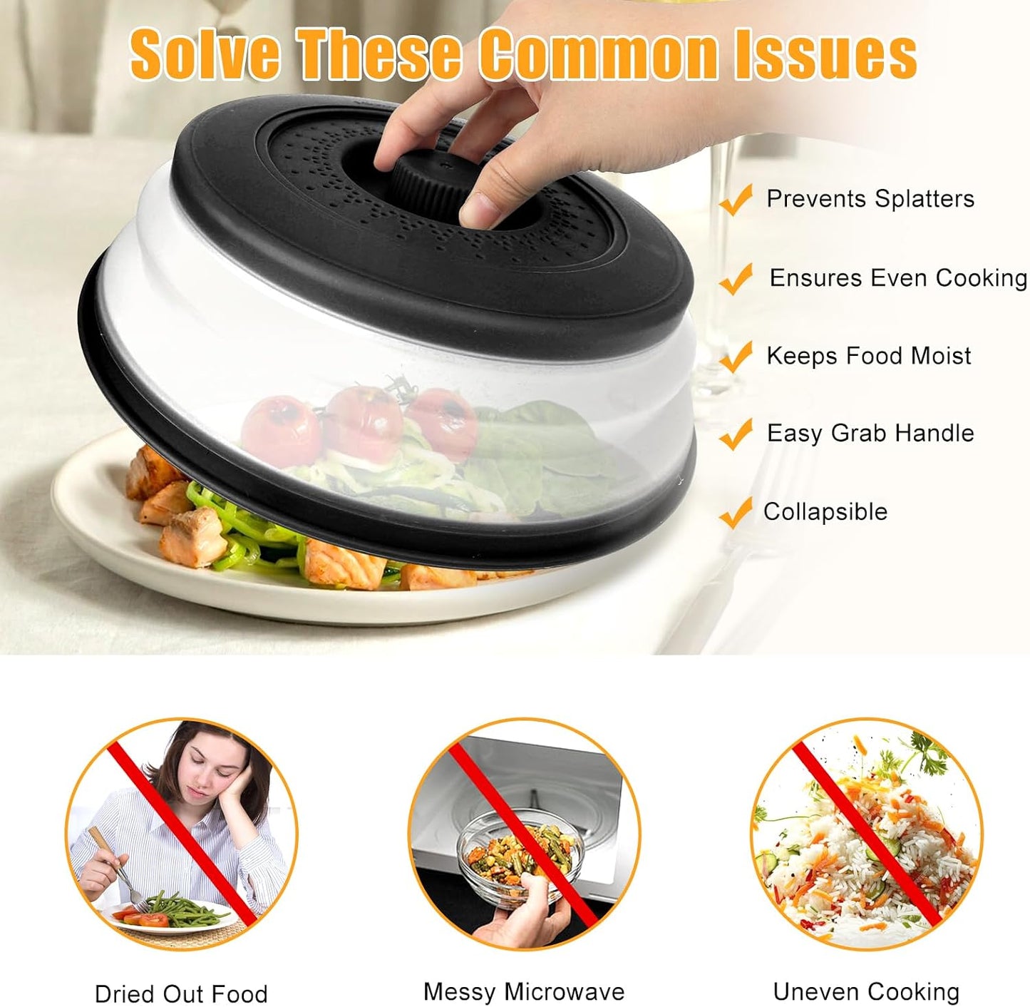 Microwave Splatter Cover Vented for Food,Collapsible Splatter Guard & Colander Kitchen Gadget for Fruit Vegetables,Microwave Lid with Handle Tray,Dishwasher-Safe BPA-Free Silicone & Plastic