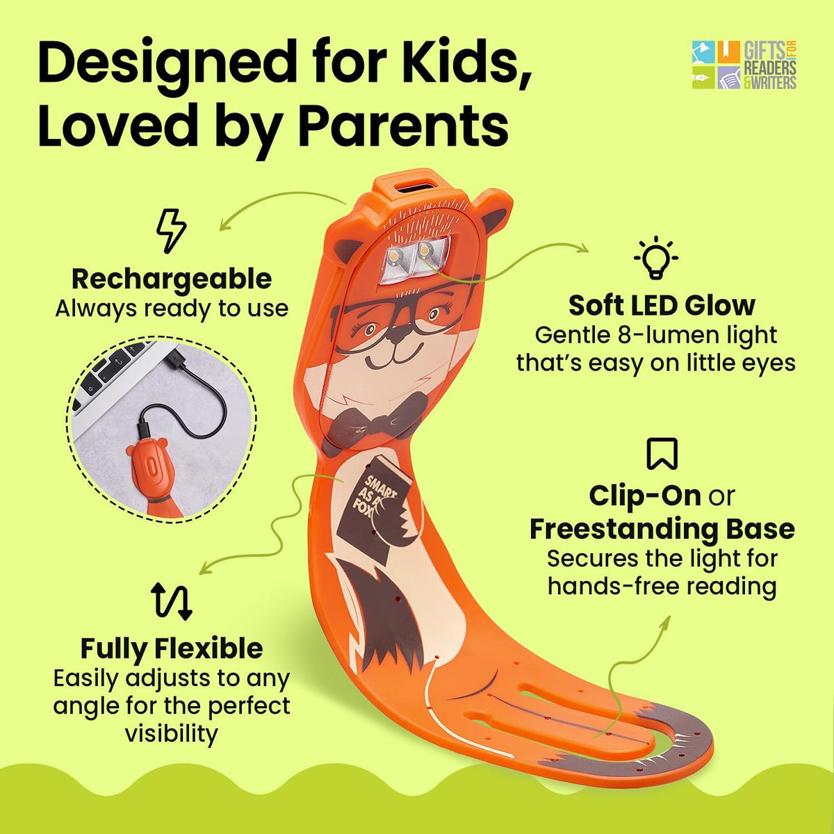 Gifts for Readers & Writers Rechargeable Book Light for Kids, Clip On Reading Light for Bed, 2in1 Flexilight Pals & Bookmark, 12 Hours of Light Once Charged, Includes USB Cable & 2 LED Lights, Dog
