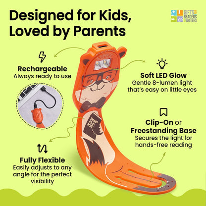 Gifts for Readers & Writers Rechargeable Book Light for Kids, Clip On Reading Light for Bed, 2in1 Flexilight Pals & Bookmark, 12 Hours of Light Once Charged, Includes USB Cable & 2 LED Lights, Dog