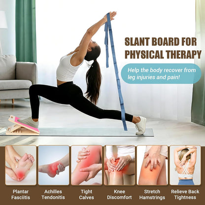 Slant Board Calf Stretch with Stretch Strap, 300 lb Portable Incline Board | Training Poster, Non-Slip Adjustable Wooden Calf Mobility Board for Calf Ankle Knees Achilles Physical Therapy Leg Exerciser