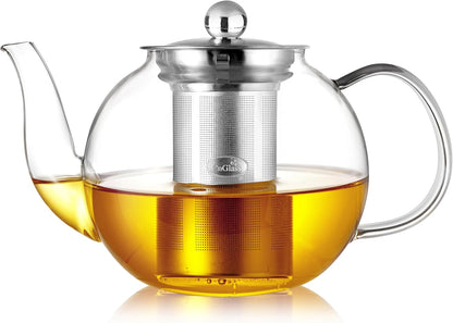CNGLASS 40oz Glass Teapot with Removable Infuser,Clear Tea Kettle Stovetop Safe,Blooming and Loose Leaf Tea Maker Set