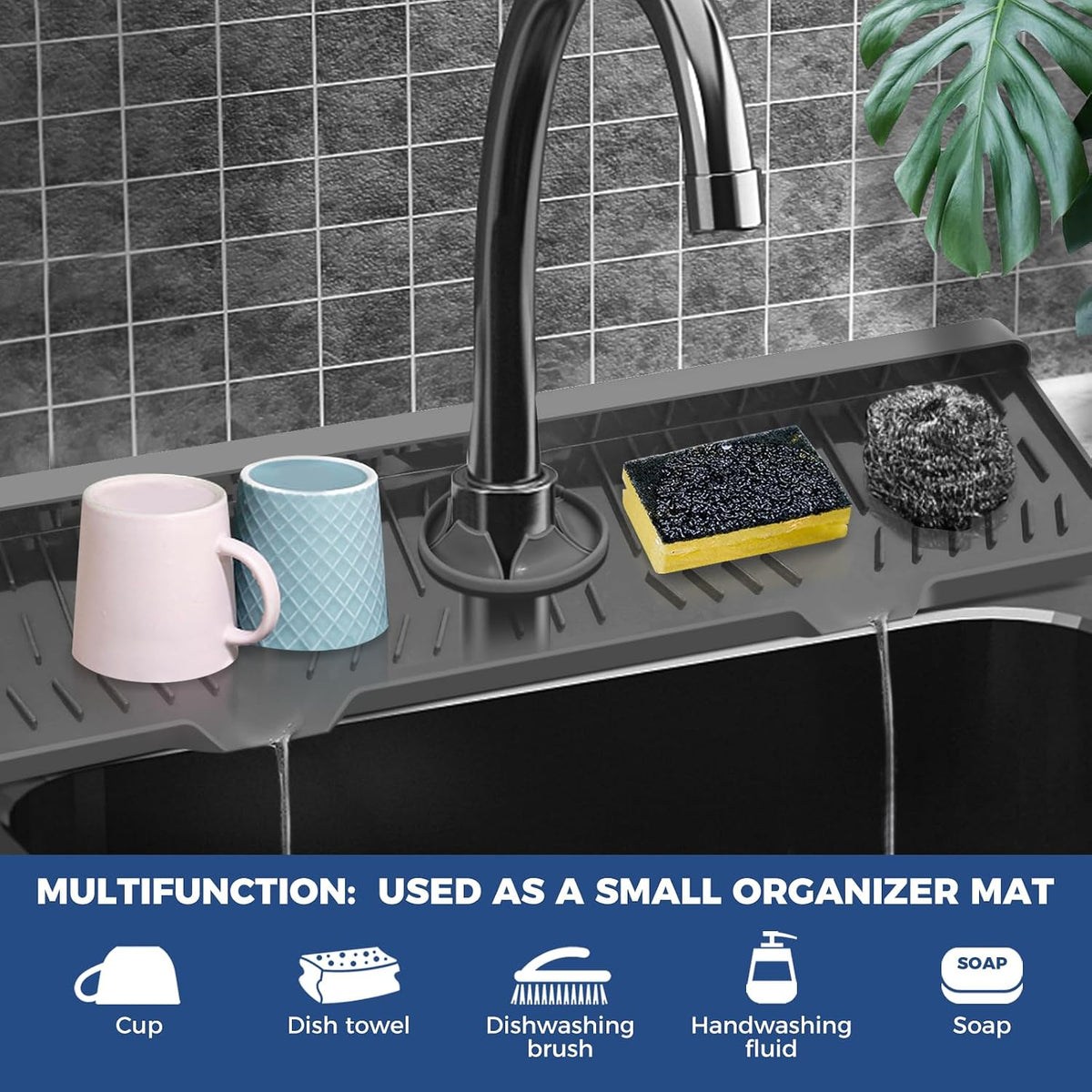BFONS Silicone Faucet Handle Drip Catcher Drying Tray Mat Dish Soap Sponge Holder Accessories Gadgets for Kitchen Counter Bathroom Kitchen Sink Splash Guard -Grey