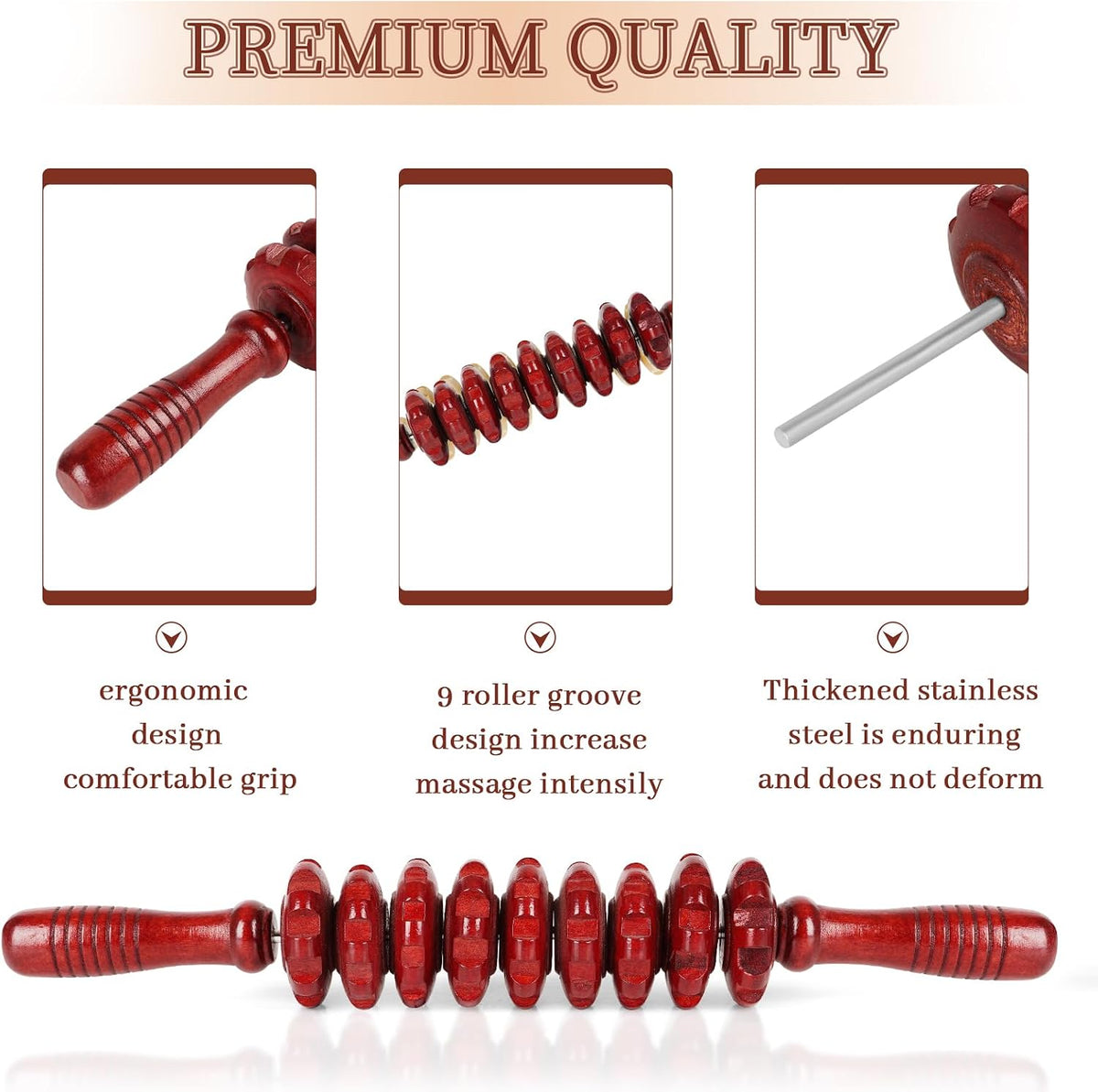 Liitrton Manual Wooden Massage Roller Stick for Muscle Relief, 11-Wheel