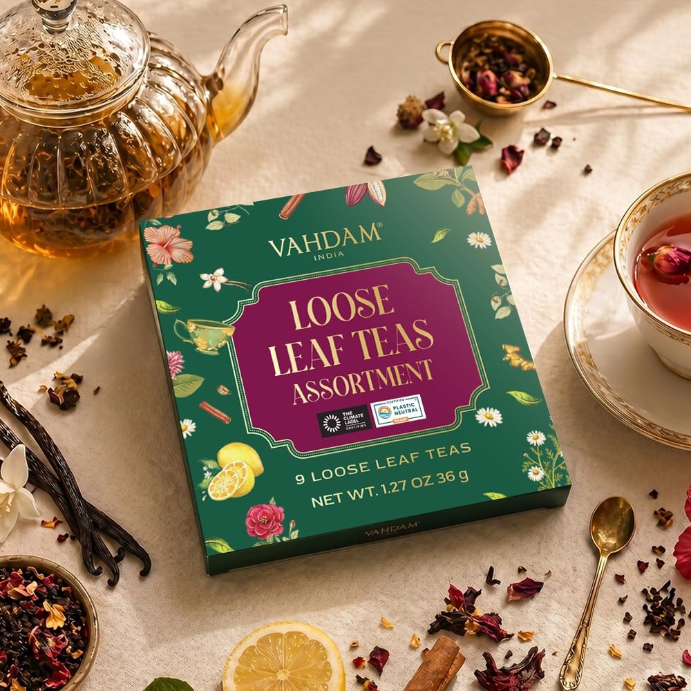 VAHDAM, Assorted Herbal Tea Sampler (18 Tea Bags, 9 Flavors) Caffeine-Free, Non-GMO | Double Infusion, Individually Enveloped Tea Bags | Herbal Tea Assortmen