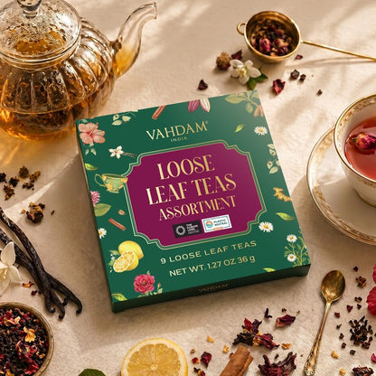 VAHDAM, Assorted Herbal Tea Sampler (18 Tea Bags, 9 Flavors) Caffeine-Free, Non-GMO | Double Infusion, Individually Enveloped Tea Bags | Herbal Tea Assortmen