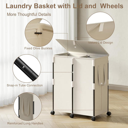 140L Double Laundry Hamper with Lid and 6 Wheels, Rolling Laundry Basket | Gasvadivum Metal Frame Laundry Sorter 2 Section with 2 Removable Bags, Large Clothes Cart for Bedroom, Bathroom, Black