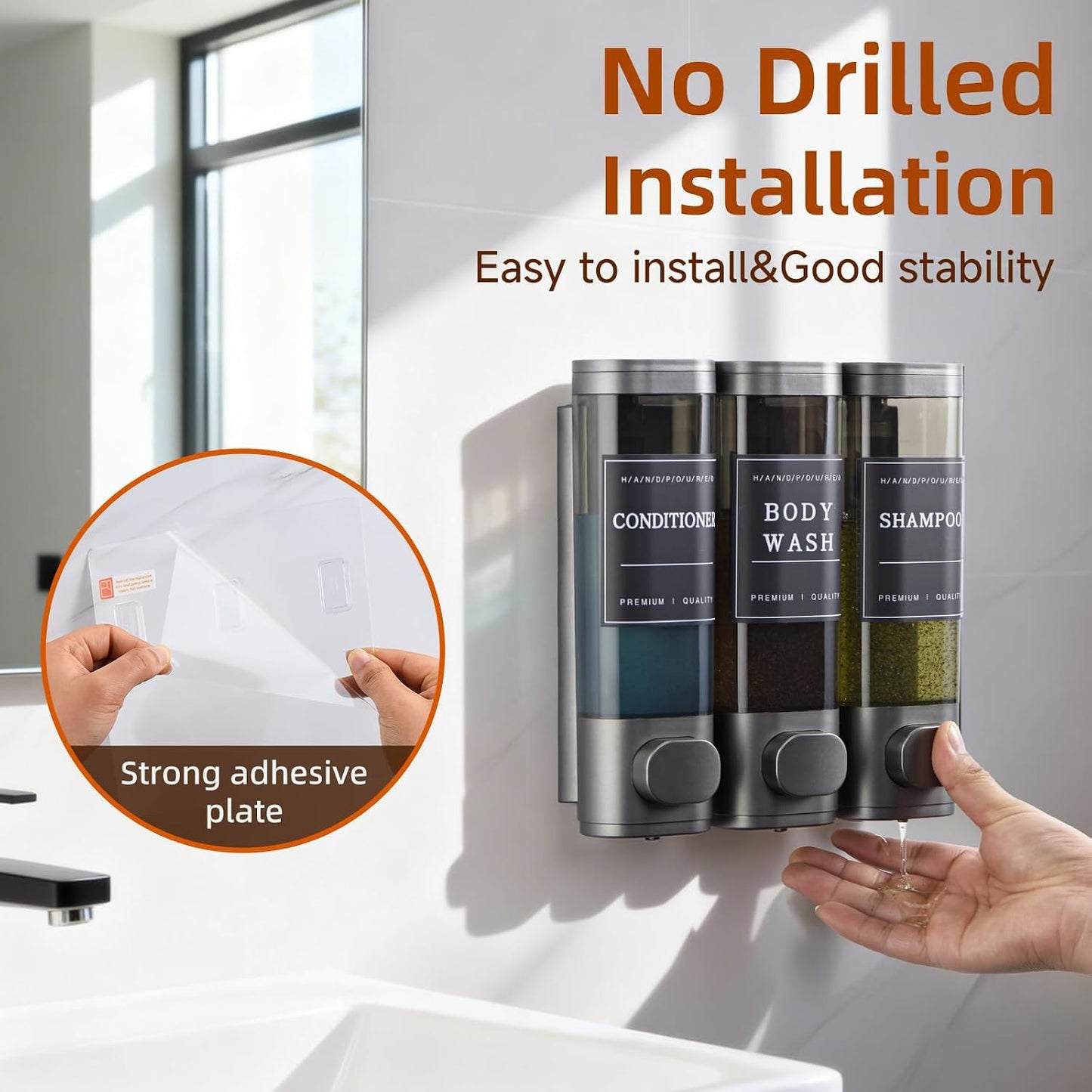 Shampoo and Conditioner Dispenser,Shower Soap Dispenser 3 Chamber No Drill Wall-Mounted Shampoo Dispenser for Shower Wall Mounted Shower Dispenser for Bathroom Hotel Large Capacity, Clear Bright