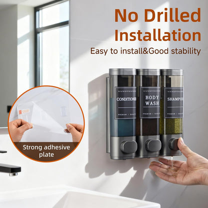 Shampoo and Conditioner Dispenser,Shower Soap Dispenser 3 Chamber No Drill Wall-Mounted Shampoo Dispenser for Shower Wall Mounted Shower Dispenser for Bathroom Hotel Large Capacity, Clear Bright