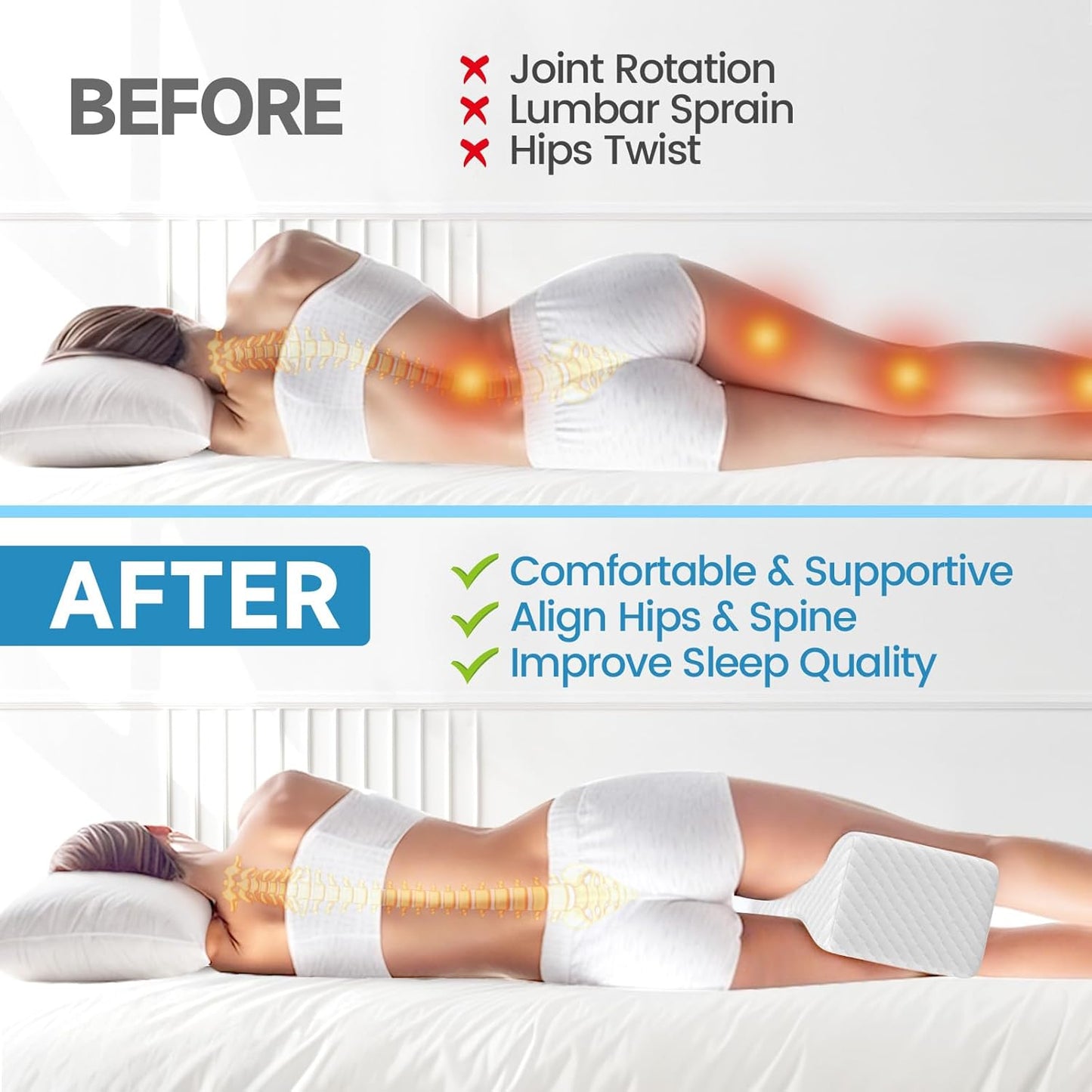TranquilRelax Knee Pillow for Side Sleepers, Leg Pillow for Side Sleeping | Smooth Pillow for Spine Aligning, Comfortable Memory Foam Pillow for Hip, Back, Sciatica, Knee, Joints Pain (White)