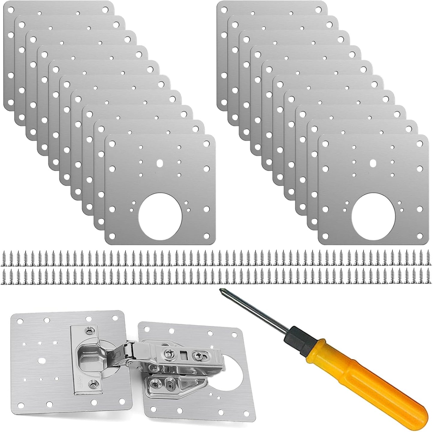 8 Pcs Stainless Steel Cabinet Hinge Repair Plate Kit with Screws and Mounting Tools for Wooden Kitchen Cabinets and Doors