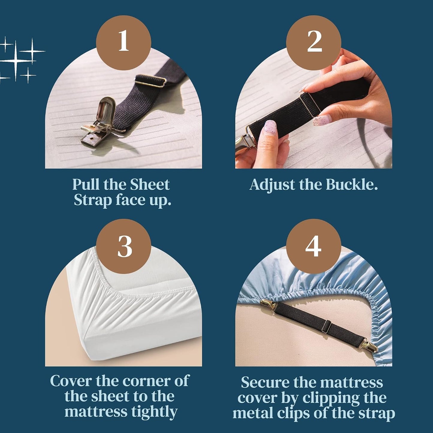 FeelAtHome Adjustable Bed Sheet Clips & Corner Fasteners, 4 Pack, White | Heavy Duty Elastic Straps Keep Fitted Sheets Securely in Place. Ideal Corner Holders for Twin, Queen, King, RV & Bunk Beds