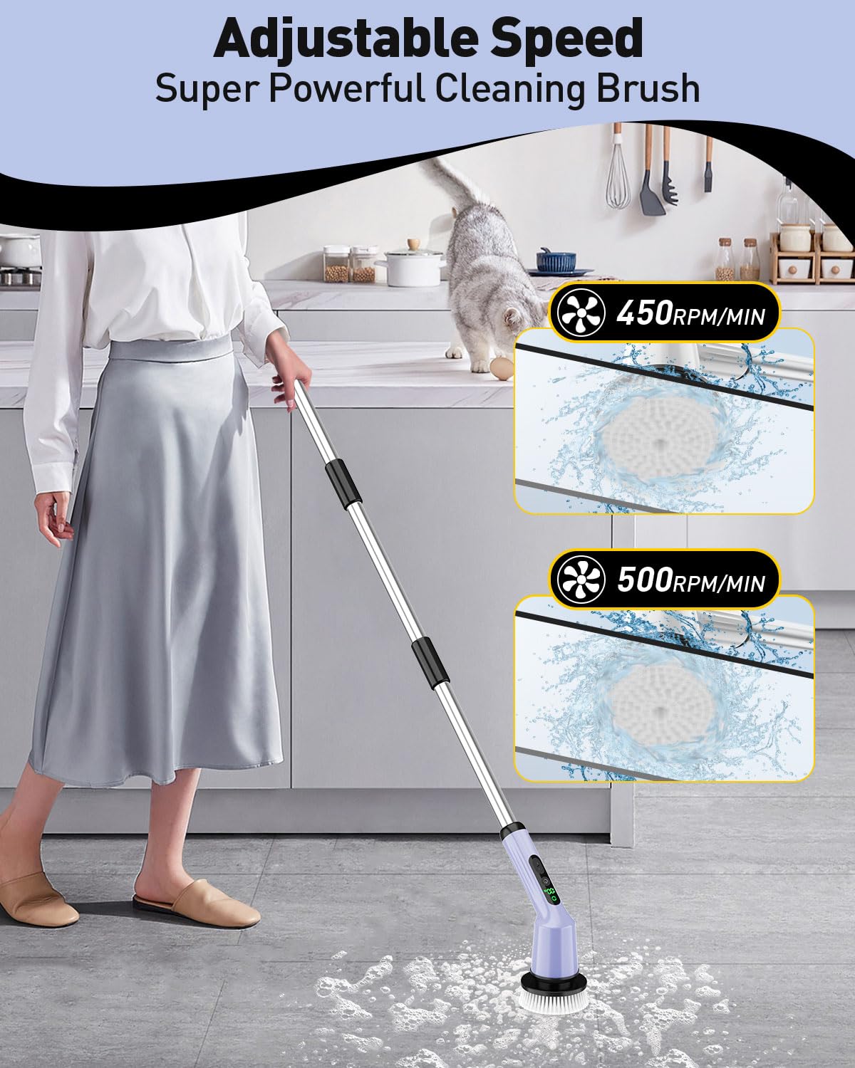Electric Spin Scrubber for Bathroom, Shower Scrubber with Long Handle | Shower Cleaner Brushes, IPX7 Waterproof & 2 Speed, 3 Brush Heads, 90min Runtime, Bathroom Cleaning Supplies for Toilet Tub