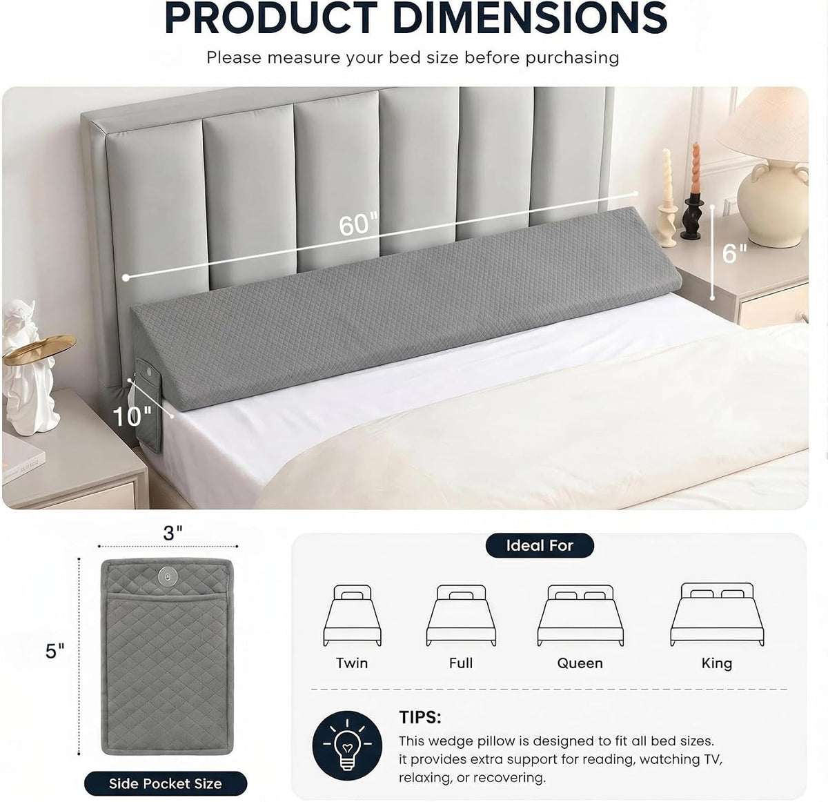 Full Size Bed Wedge Pillow for Headboard, Bed Gap Filler Black