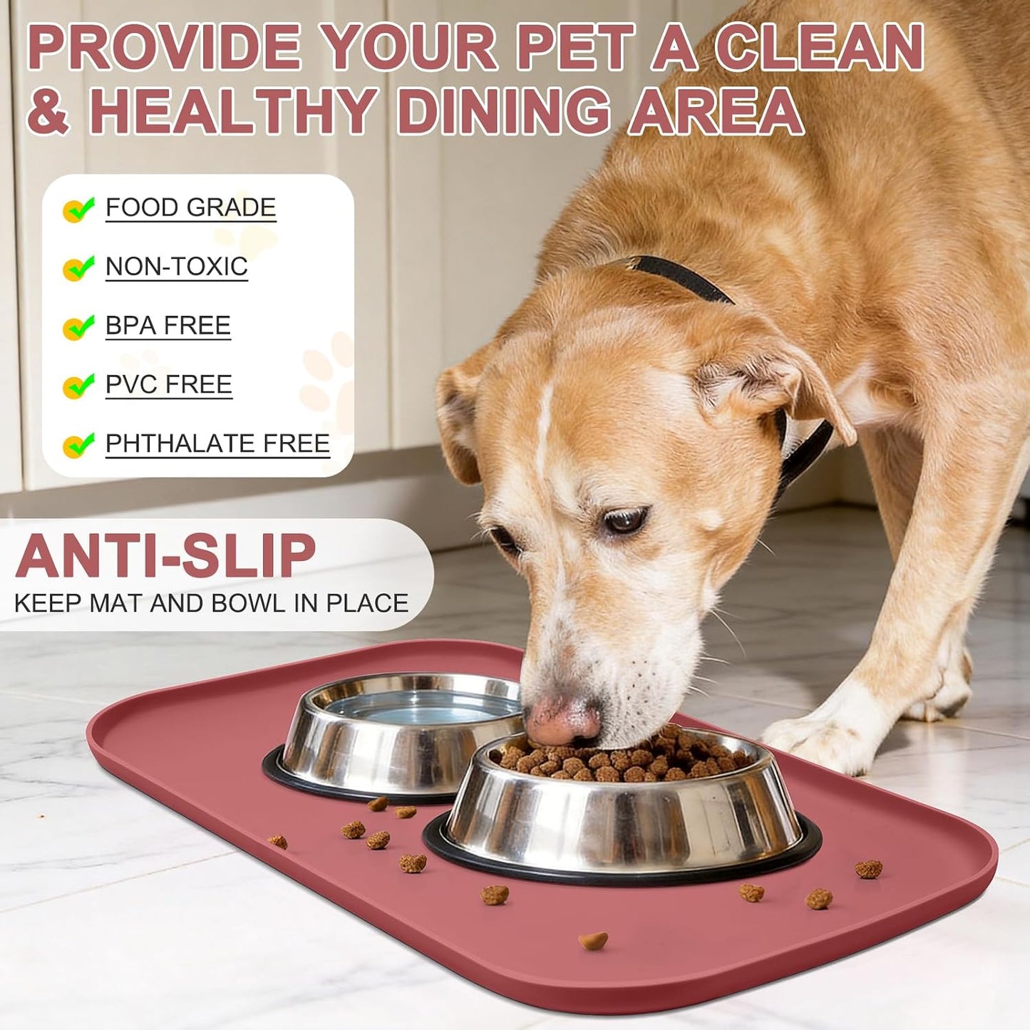 SMILOOL Waterproof Silicone Pet Food Mat with Raised Edge for Dog & Cat | 19" x 12" Non-Slip Pet Feeding Mats with Lip for Food & Water Bowl, Food Grade, Easy Cleaning, Black
