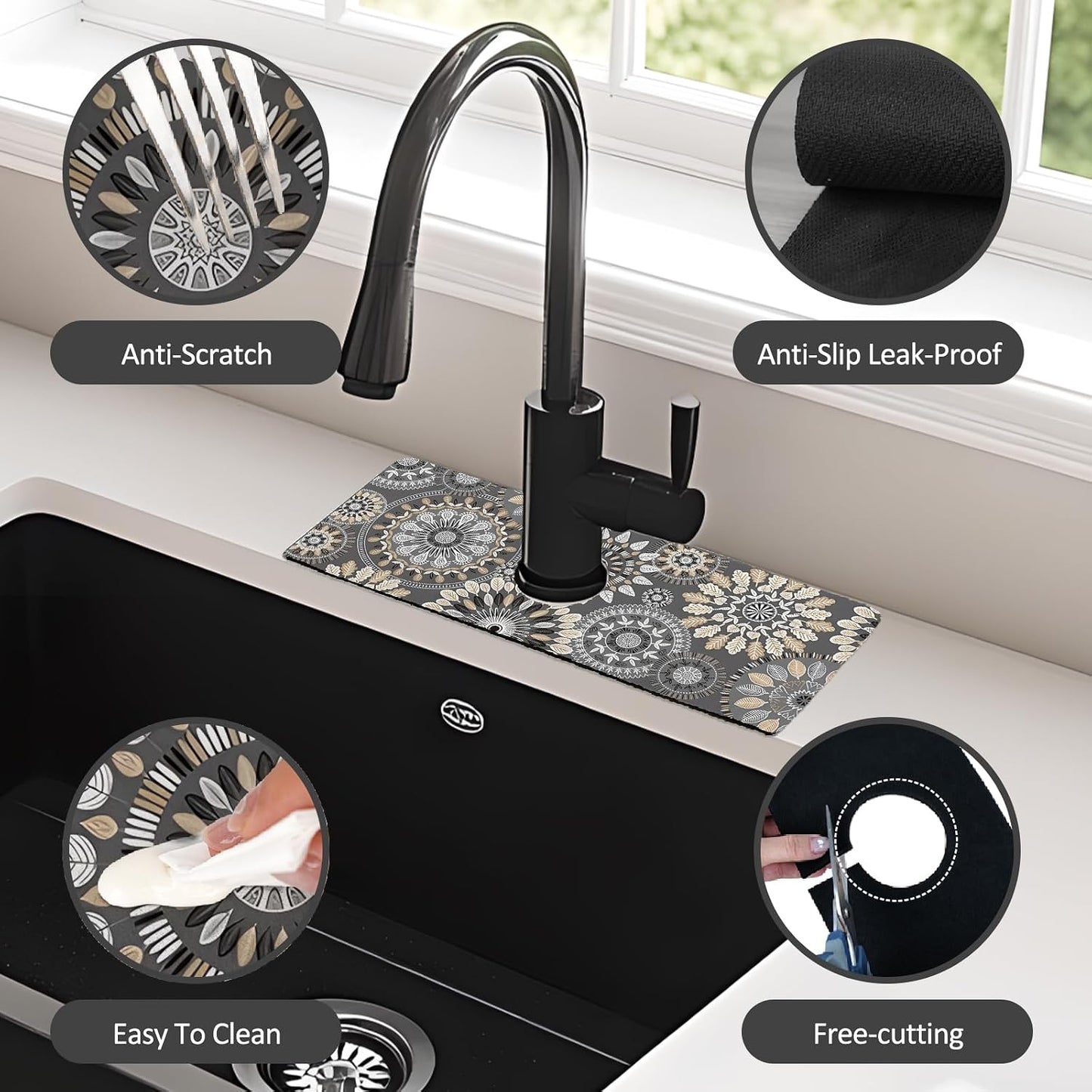 24" X 5.5" Kitchen Sink Splash Guard Faucet Mat Mandala Super Absorbent Fast Drying Faucet Guard & Draining Mat Sink Splash Guard Behind Faucet for Kitchen, Bathroom