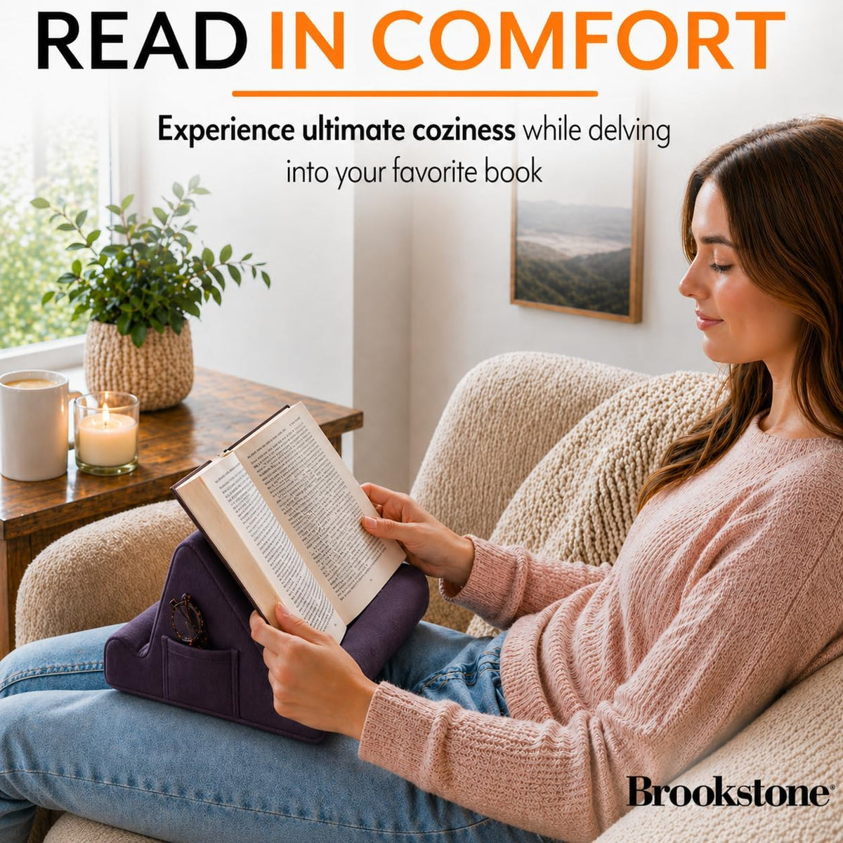 Brookstone Tablet Lap Cushion - Tablet/Phone/Ebook Holder for Bed, Flights, and Travel, Memory Foam Lap Desk for Reading and Hands Free Viewing, Compatible iPad and Kindle Accessories, Grey