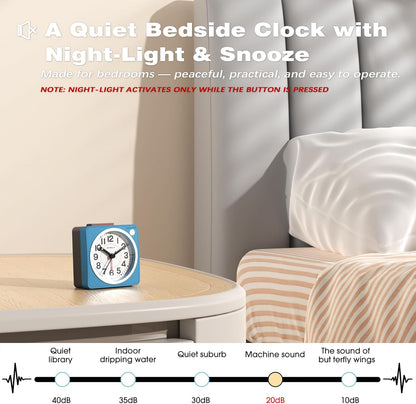 AYRELY® 2.6" × 1.4" Ultra Small Battery Operated Analog Travel Alarm Clock | Silent Non-Ticking Retro Bedside Table Clock with Snooze, Light and Easy Top Alarm Switch for Travel and Bedrooms (Silver)