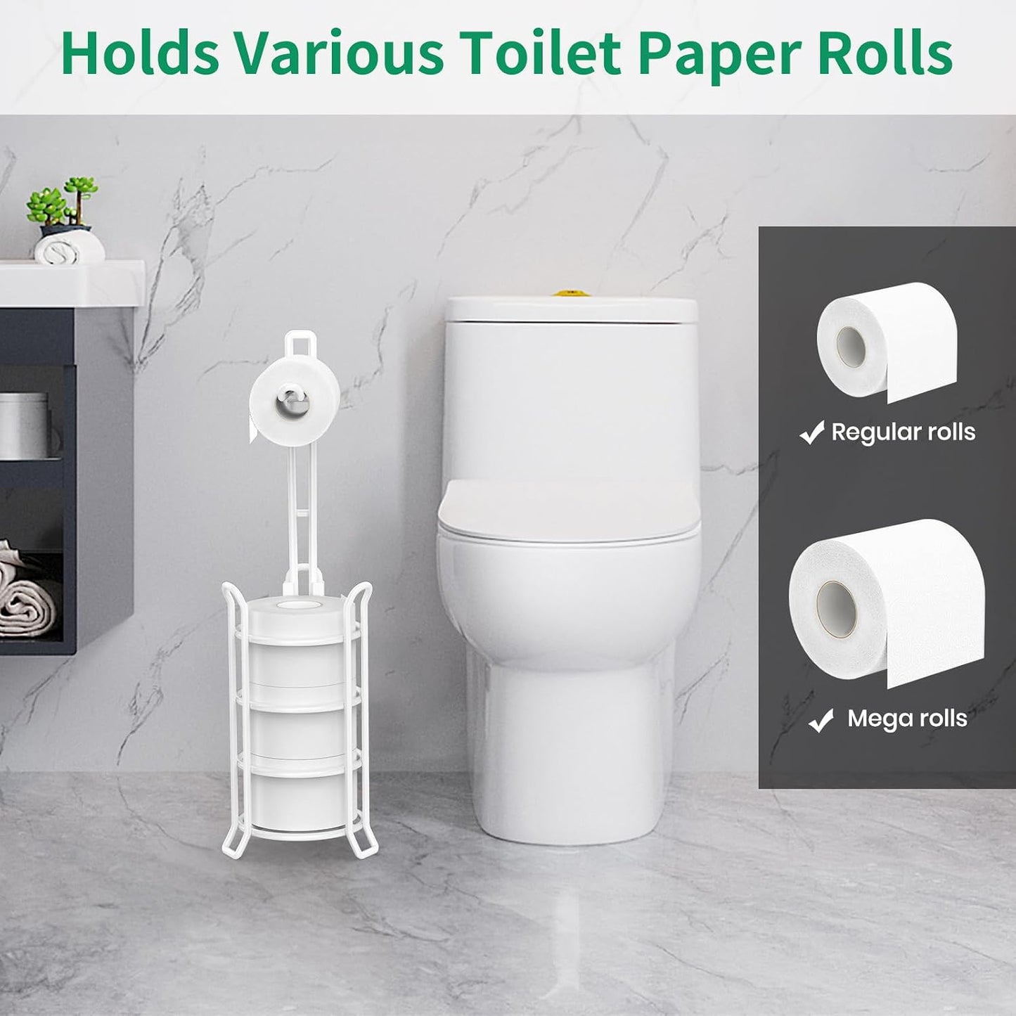 TomCare Toilet Paper Holder Free Standing with Shelf, Stable 4 Raised Feet | Stores 4 Mega Rolls, Tool-Free Assembly, Powder-Coated Metal Frame, Bathroom Storage Organizer for Spare Rolls, Silver